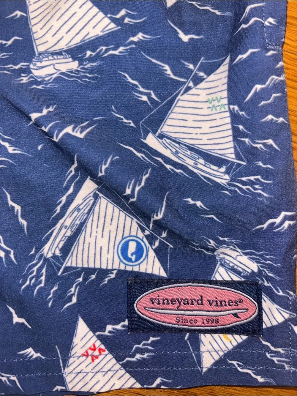 Vineyard Vines Navy Sailboat Print Swim Shorts with White Drawstring